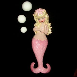 Pink Mermaid Wall Plaque Set With Bubbles For Vintage Or Retro Fish Bath Decor