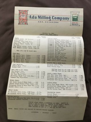 1944 Ada Milling Company Product List & Letterhead - Ada,  Oklahoma