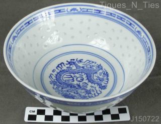 Vintage Chinese Rice Eye Dragon Blue & White Asian Style 7 " Soup Serving Bowl Jj
