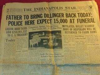 July 24,  1934 Indianapolis Newspaper: John Dillinger Funeral Hometown Paper