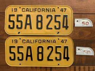 1947 California License Plate Pair 1950 Only Ca Plates W/ Matching Tabs