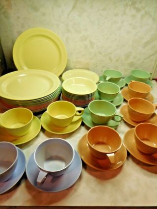 58 Pc Set Of Mallo - Ware Dishes Cups Saucers Bowls Blue Yellow Green Pink Usa