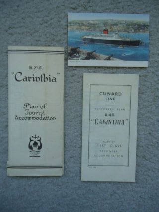 Cunard Line - Rms Carinthia - Deck Plans & Post Card (3 Items) - 1950 