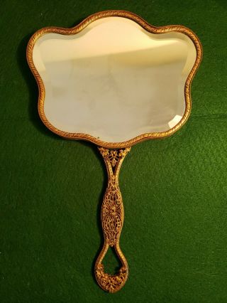 Antique/vintage Heavy Ornate Brass Beveled Hand Mirror Greek Cameo