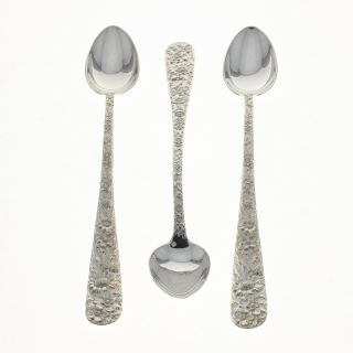 S Kirk & Son Repousse Set 3 Iced Tea Spoons 1896 Sterling Silver 7 5/8 " Floral