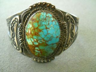 Old Native American Indian Turquoise Sterling Silver Stamped Cuff Bracelet