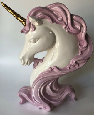 Large Unicorn Bust Fantasy Vintage Art Freestanding Statue Figurine Gold Pink