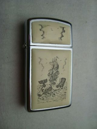 Zippo Scrimshaw Sailboat & Whale Vintage Slim Lighter 1990 117
