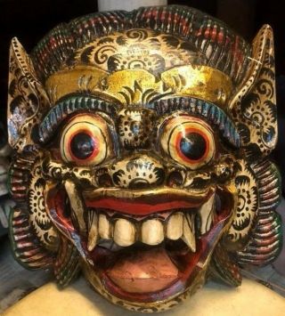 Mask Hindu Bali Wooden Hand Carved Gold Dragon Paint Wall Hang Barong Demon God