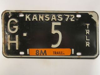License Plate Trailer Tag 1972 Kansas Gh 5 Low Number [z289b]