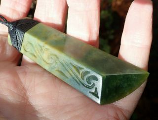 Nz Maori Greenstone Pounamu Nephrite Flower Jade Bound Engraved Hei Toki Adze