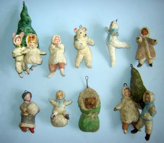Set Of 9 Antique Old Early 1900s Russian Christmas Ornaments Spun Cotton Rare