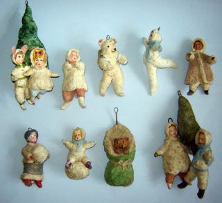 Set of 9 antique old early 1900s Russian Christmas ornaments Spun Cotton Rare 2