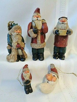 5 Vintage Gail Laura Folk Art Santa Christmas Figurine Ornaments 1989 Signed