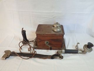 Antique Holtzer Cabot Wood Oak Case Magneto Ringer Box W/ Flexiphone Extension