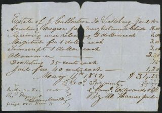 Manuscript Receipt For The Jailing Of Three Slaves (?) – Vicksburg,  Mississippi