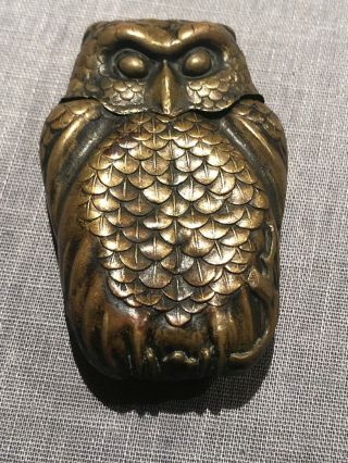Antique Brass Owl Bird Hoot Match Safe Vesta Japanese? Brass? X3