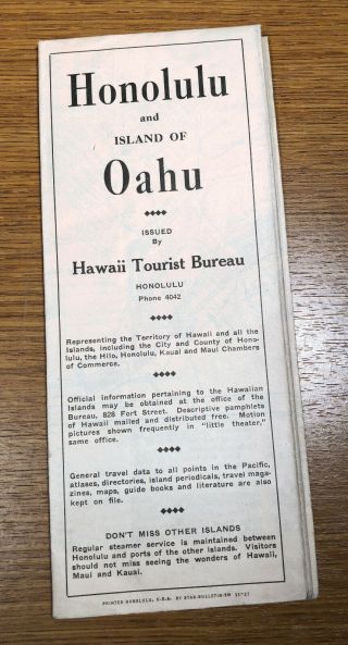 1927 Tourist Map Honolulu Territory Of Hawaii And Oahu Island Neat Map