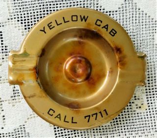 Vintage Mid - 20th Century Yellow Cab Metal Ashtray - Four Digit Phone 7711