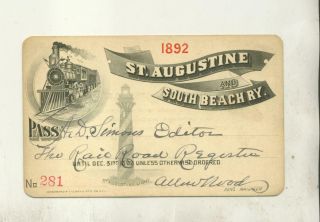 1892 St Augustine & South Beach Railway Annual Pass