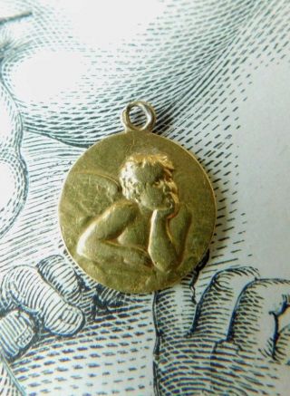 Antique French 18k Pendant Guardian Angel Baptism Medal C1900 Engraved Lucienne