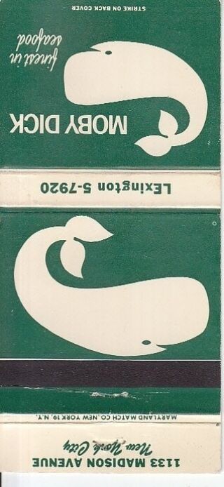 Moby Dick Seafood Restaurant 1133 Madison Ave.  York City Vintage Matchcover