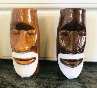 Vintage Brown Bearded Ceramic Tiki Mugs Cups Set Dw128 Polynesian Easter Island