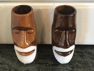 Vintage Brown Bearded Ceramic Tiki Mugs Cups Set DW128 Polynesian Easter Island 2