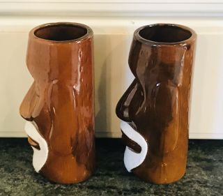 Vintage Brown Bearded Ceramic Tiki Mugs Cups Set DW128 Polynesian Easter Island 3