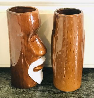 Vintage Brown Bearded Ceramic Tiki Mugs Cups Set DW128 Polynesian Easter Island 4