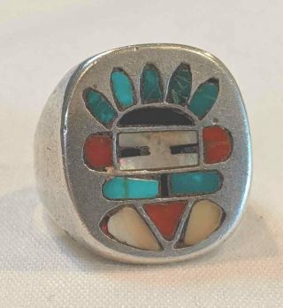 Published Zuni Pueblo Frank Vacit Silver Inlay Kachina Ring 1950 Sign 