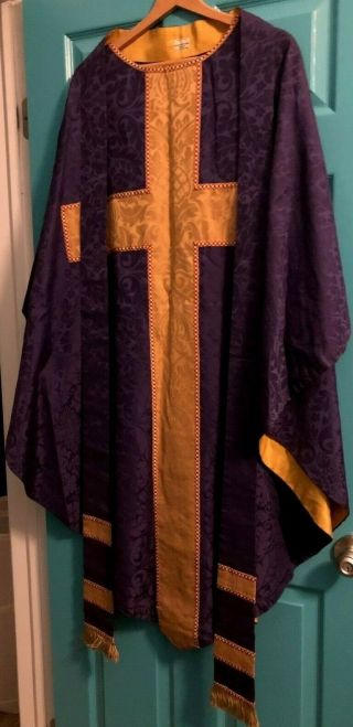 Gorgeous Catholic Priests Purple Gold Damask Chasuble & Stole J.  Wippell England