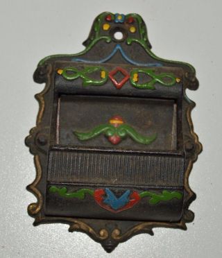Vintage Heavy Black Painted Cast Iron Matches Safe & Striker Holder Wall Hanging