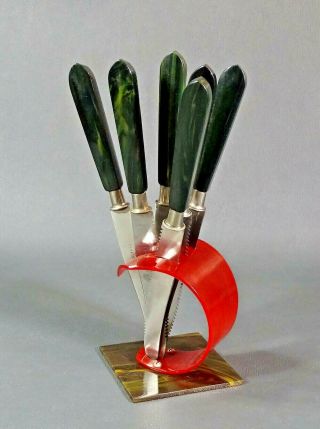 1930s Art Deco German Green Malachite Bakelite 6 Knife Set Red Holder Stand