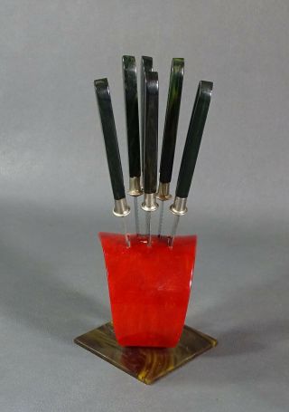 1930s Art Deco German Green Malachite Bakelite 6 Knife Set Red Holder Stand 2