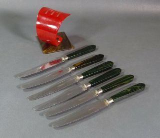 1930s Art Deco German Green Malachite Bakelite 6 Knife Set Red Holder Stand 3