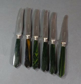 1930s Art Deco German Green Malachite Bakelite 6 Knife Set Red Holder Stand 6