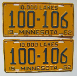 1952 Minnesota Car License Plates Pair