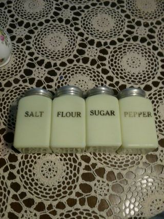 Sugar Flour Salt Pepper Jadeite? Jeanette? Light Green Jars Aluminum Tops Vtg