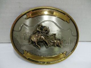 Vintage Two - Toned Western Cowboy Bronco Bucking Horse German Silver Belt Buckle