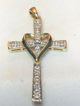 Estate Vintage 14k Yellow Gold Diamond Cross Pendant Religious Heart