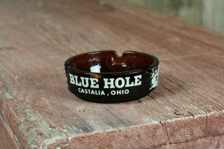 Vintage Blue Hole Castalia Ohio Glass Ashtray Souvenir 3 5/8 " Dia