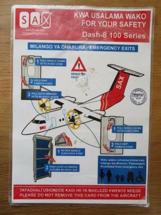 Flysax Dash 8 - 100 Airline Safety Card Laminated Poor Worn Lamination