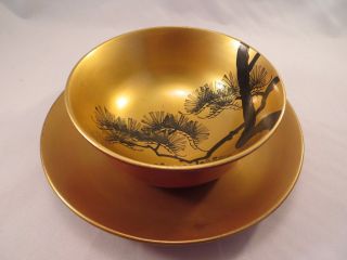 Vintage Japanese Gold & Red Lacquer On Wood Bowl & Saucer Pine Branches Japan C
