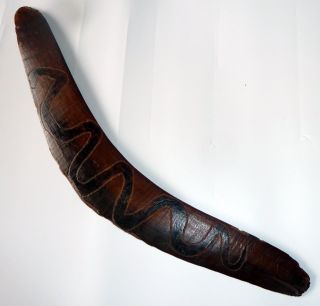 Early Australian Boomerang Carved & Incised With Snake And Aboriginal Symbols
