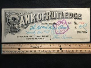 1911 {large 9 Inch} Bank Of Rutledge Rutledge,  Ga.  $91.  88 Bold Bank Check