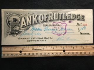 1911 {large 9 Inch} Bank Of Rutledge Rutledge,  Ga.  $76.  00 Bold Bank Check