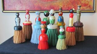 11 Vintage Figural Wooden Painted Clothes Brushes Black Americana Army Mammy