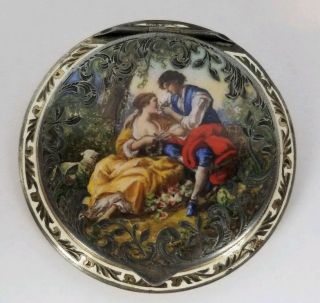 Antique Austrian Hand Painted Sterling Silver Yellow Guilloche Enamel Compact