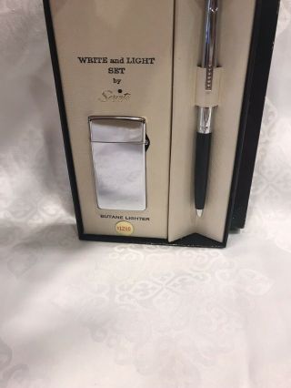 Vintage Scripto Butane Lighter Write & Light Set Silver Lighter W/black Pen Nos
